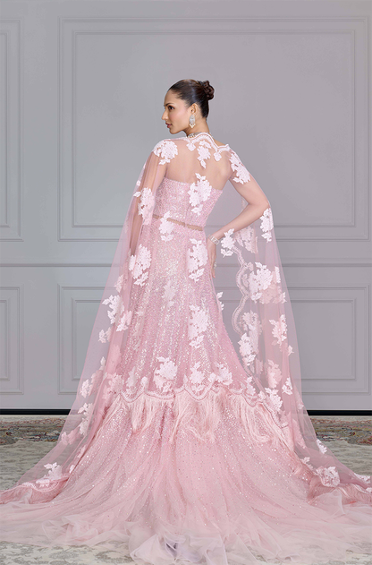 Pink Tulle Pearl & Sequin Embroidered Skirt Set