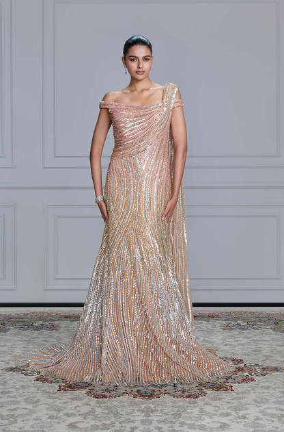 Gold Shaded Tulle Embroidered Gown