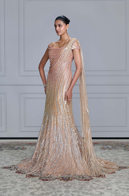 Gold Shaded Tulle Embroidered Gown