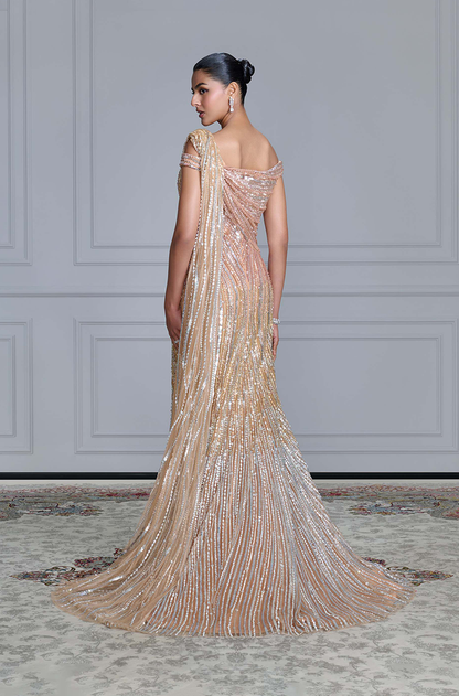 Gold Shaded Tulle Embroidered Gown