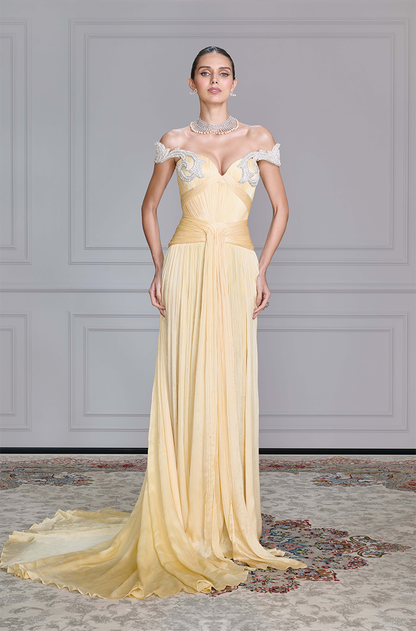 Butter Yellow Textured Chiffon Gown