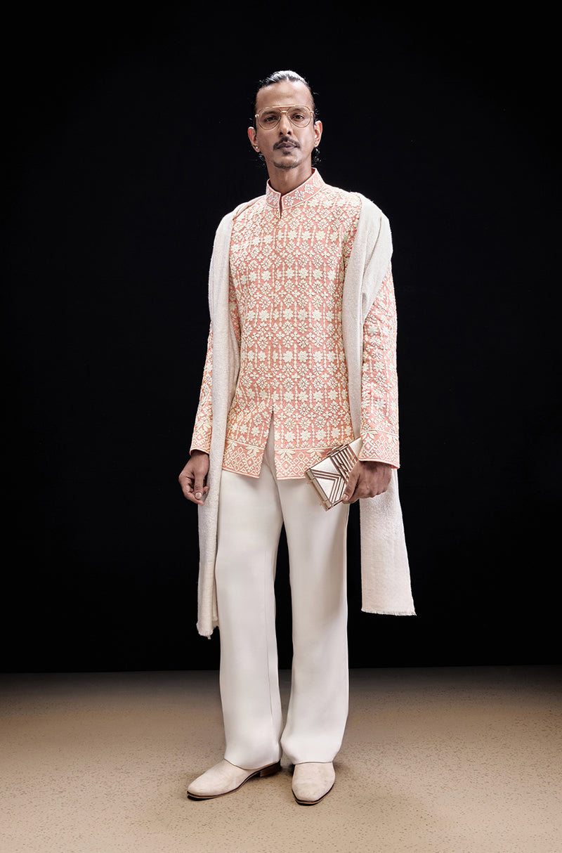 Peach & Lemon Yellow Mijwan Bandhgala Set