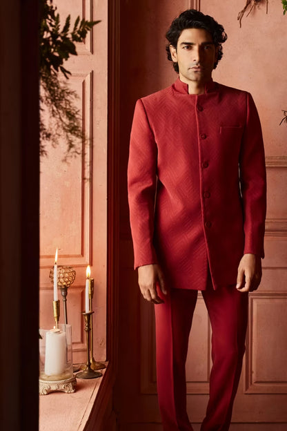 Brick Red Tonal Embroidered Bandhgala Set