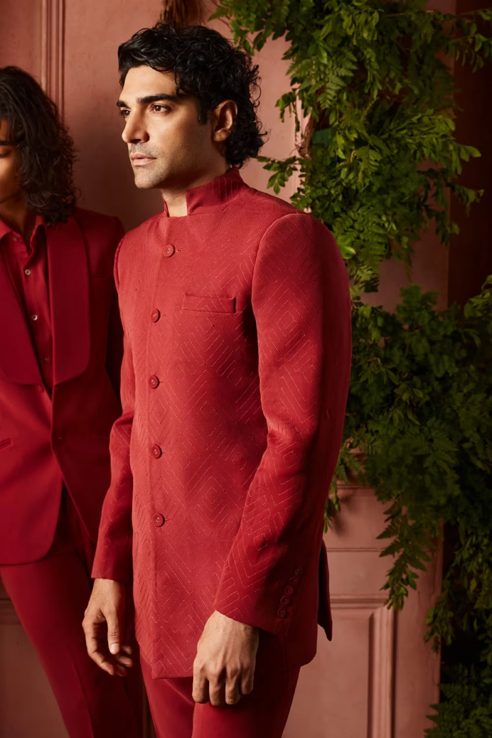 Brick Red Tonal Embroidered Bandhgala Set