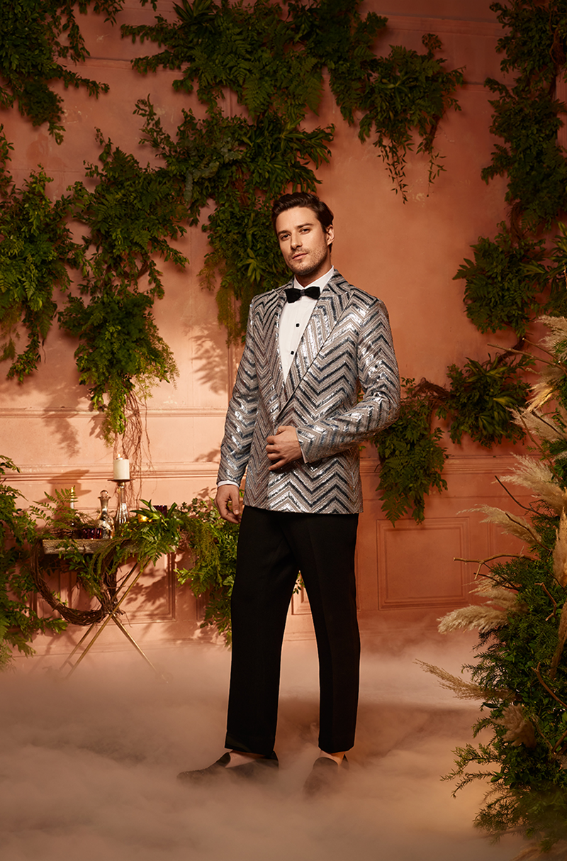 Grey Chevron Embellished Blazer Set