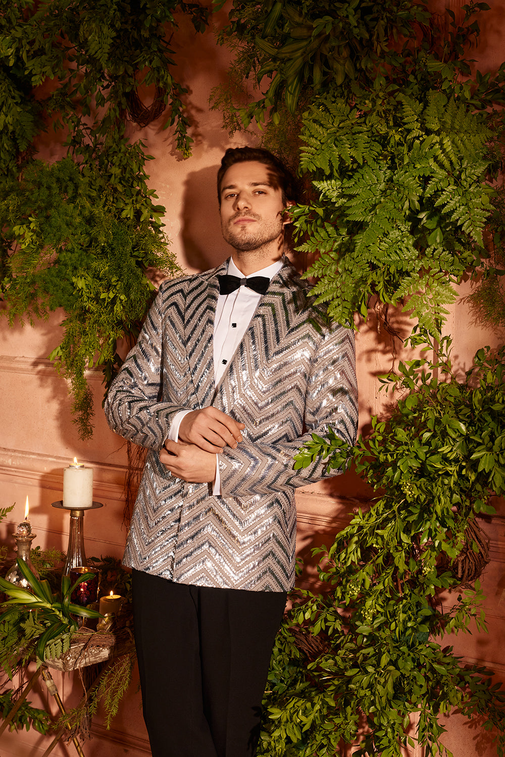 Grey Chevron Embellished Blazer Set