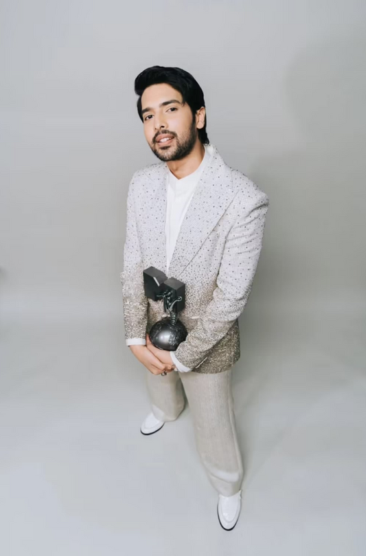 Armaan Malik in our Ivory Cutdana Studded Tuxedo Set