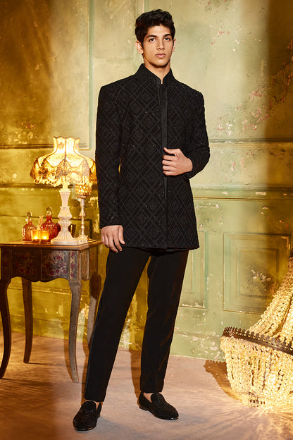 Black Open Sherwani Set