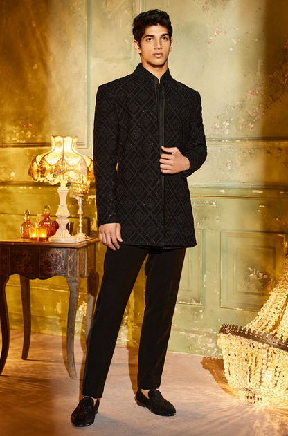 Black Open Sherwani Set