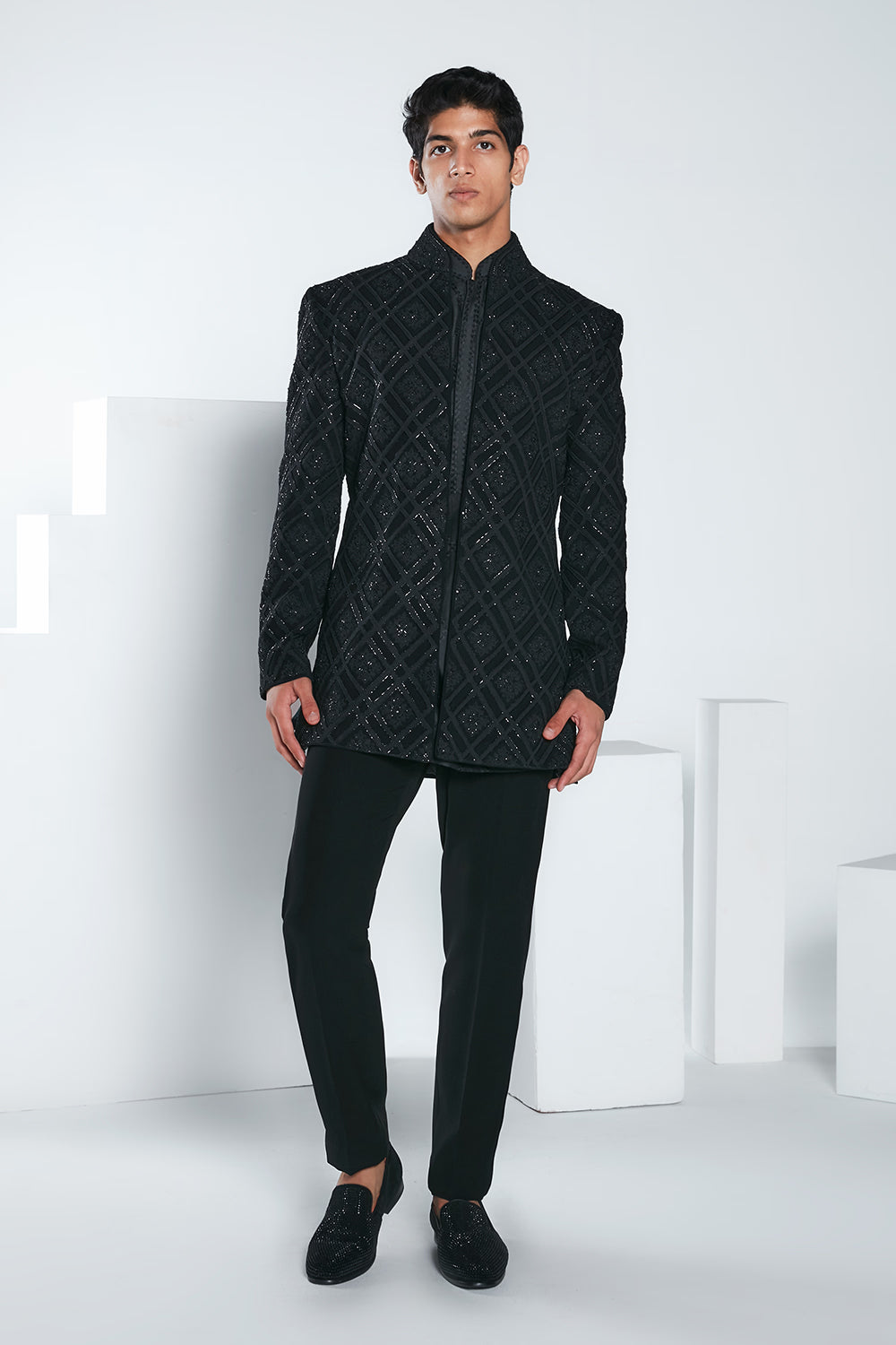 Black Open Sherwani Set