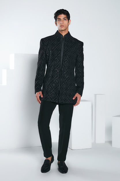 Black Open Sherwani Set