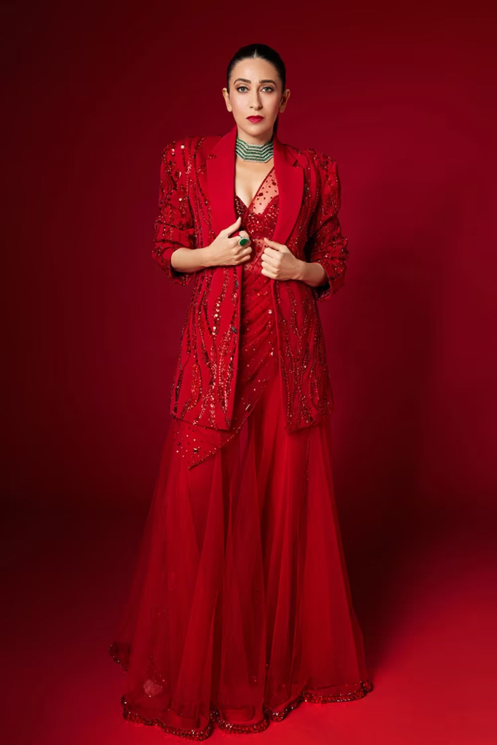 Karisma Kapoor in our Red Jacket and Sharara Set