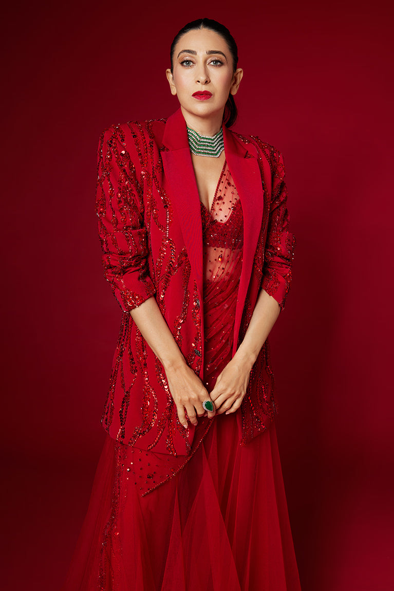 karishma kapoor red dress Karisma Kapoor glowing in timeless red Styled in a beautiful suit by Jodi classic charm, rich colour and effortless elegance that never goes out of style #KarismaKapoor #Jodi #RedSuit #