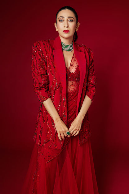 Karisma Kapoor in our Red Jacket and Sharara Set