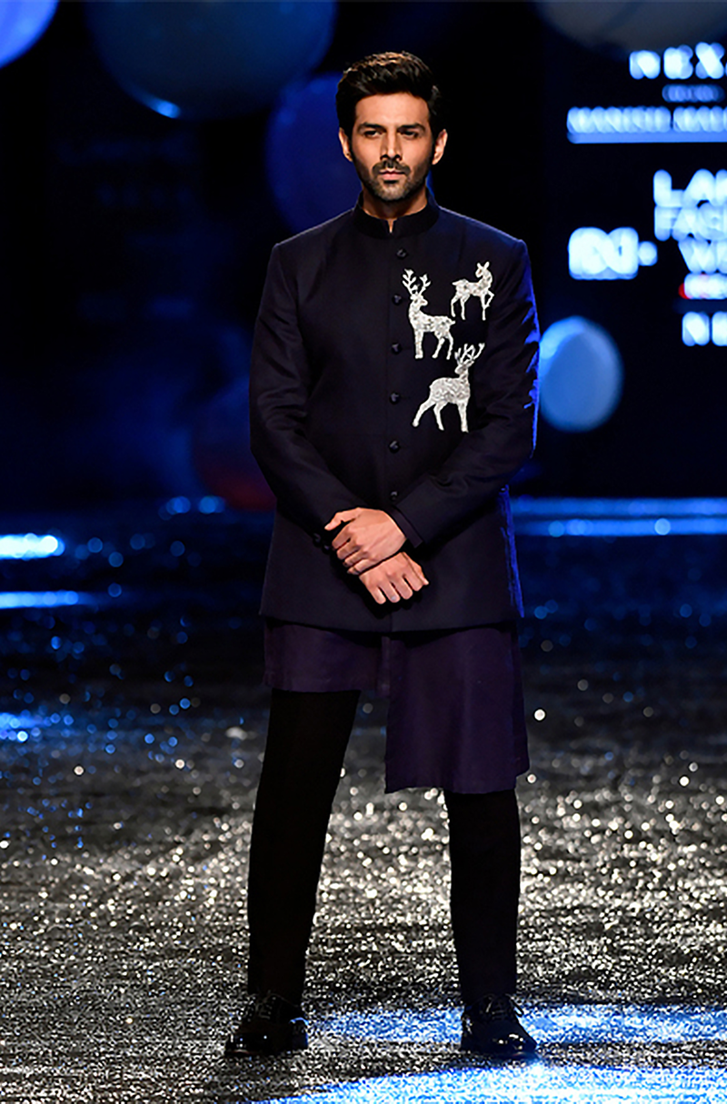 Kartik Aaryan in our Deer Motif Black Bandhgala Set