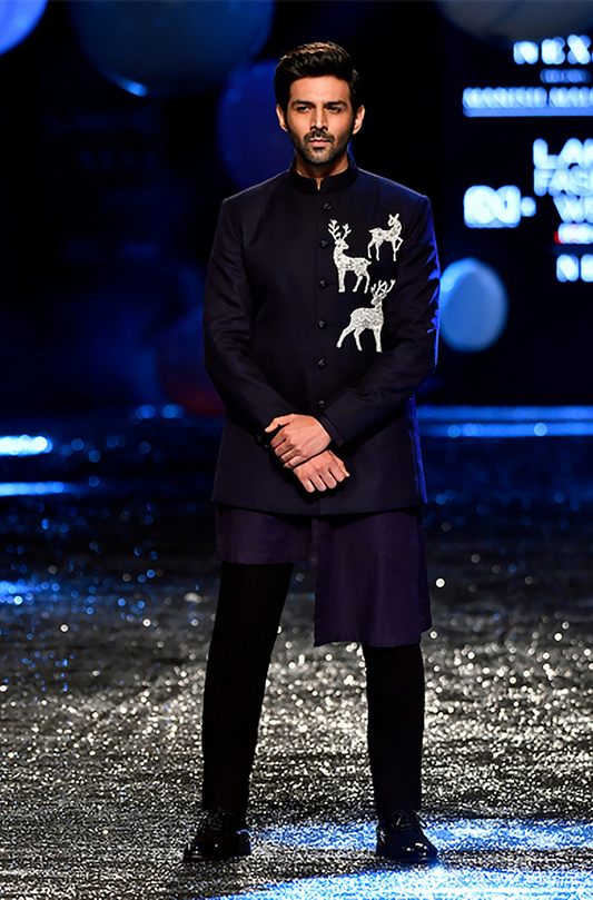 Kartik Aaryan in our Deer Motif Black Bandhgala Set