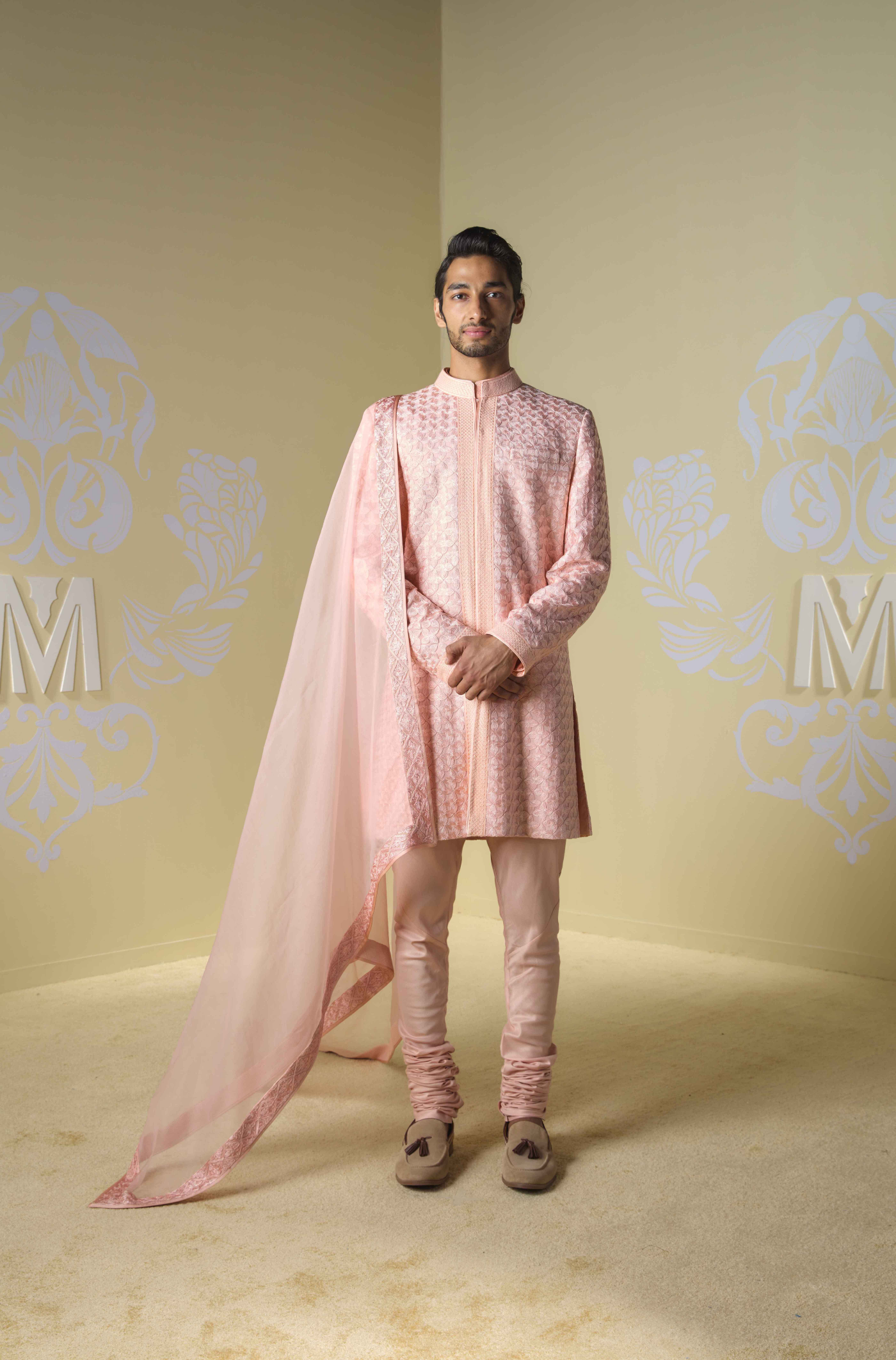Peach Kashmiri Embroidered Sherwani Set