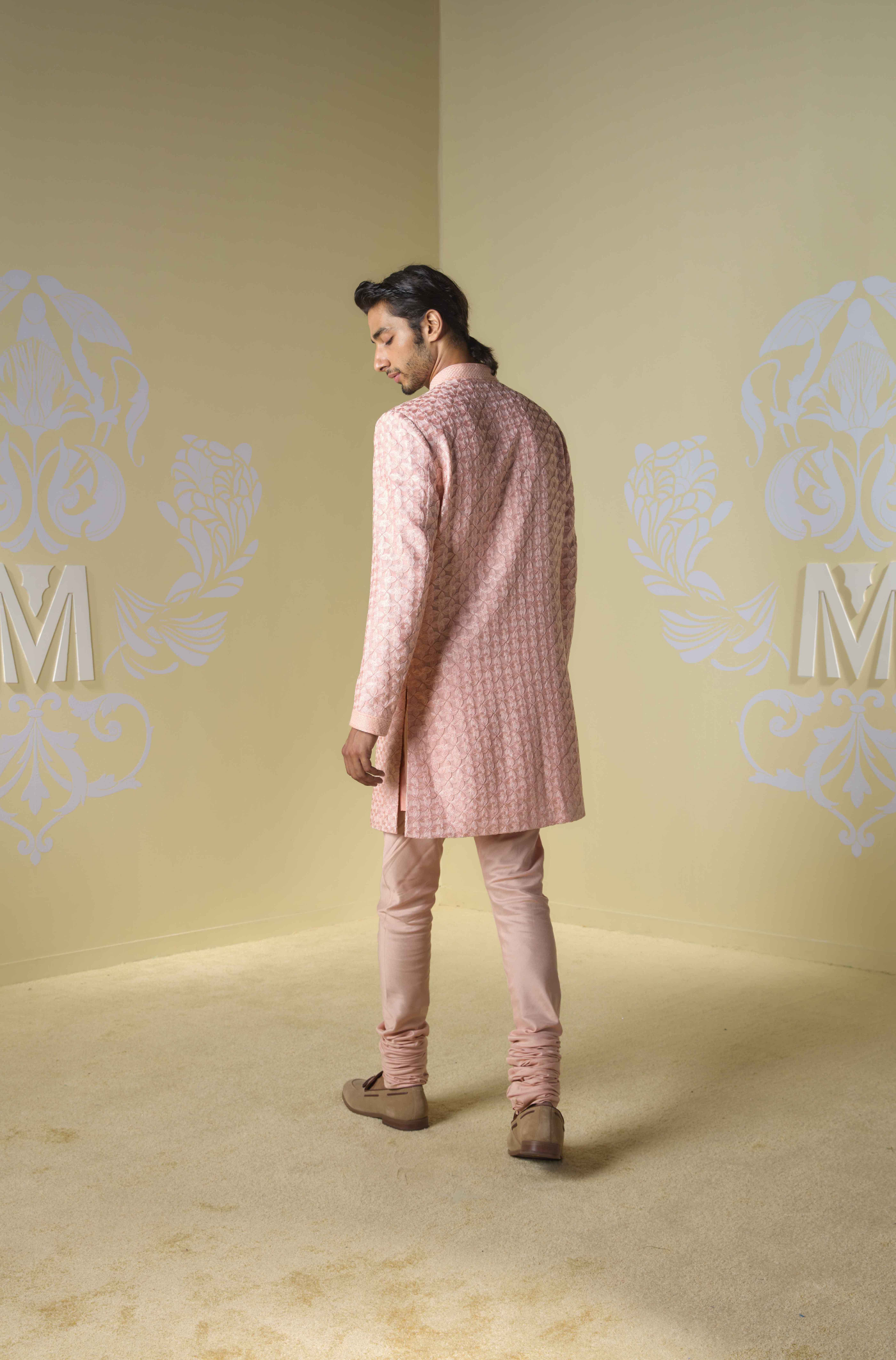 Peach Kashmiri Embroidered Sherwani Set