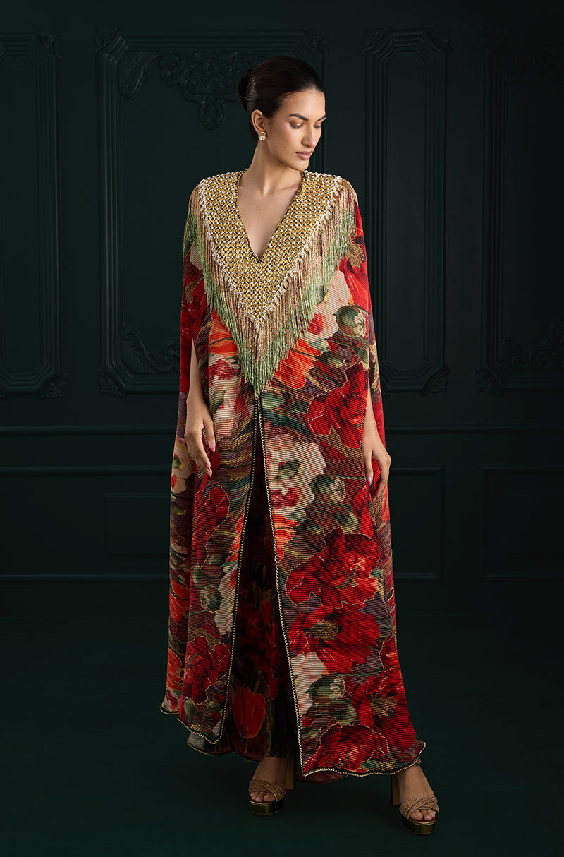 Red Pre-Pleated Printed Kaftan Kurta Set