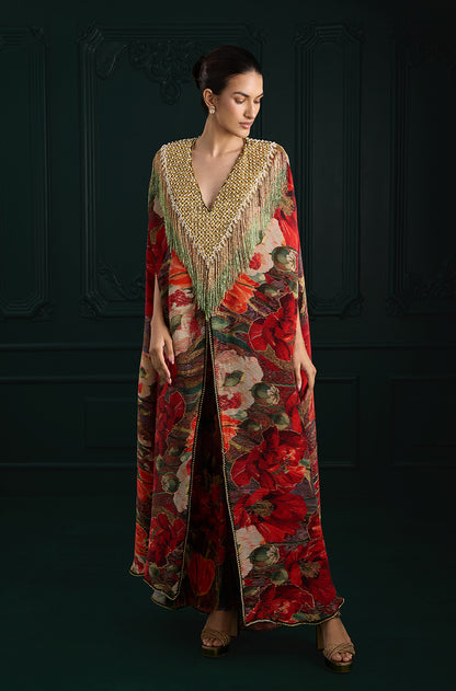 Red Pre-Pleated Printed Kaftan Kurta Set