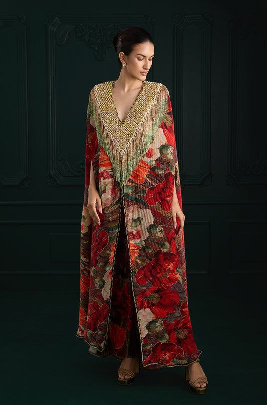 Red Pre-Pleated Printed Kaftan Kurta Set