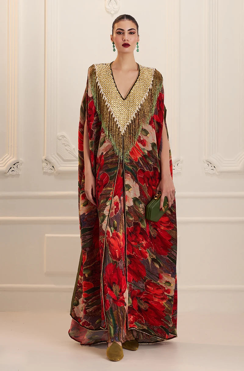 Red Pre-Pleated Printed Kaftan Kurta Set