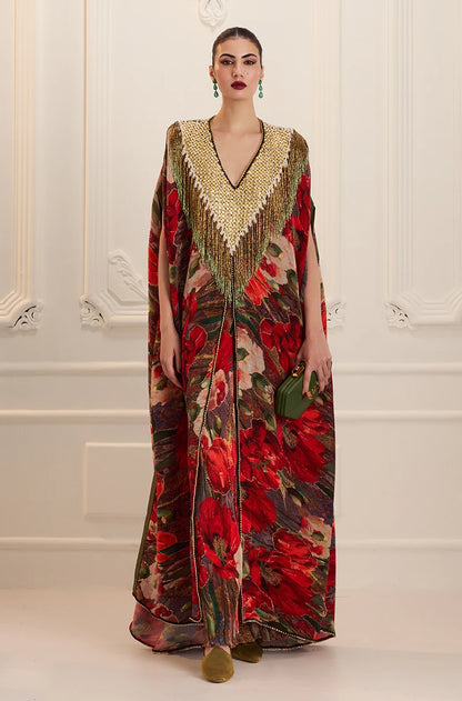 Red Pre-Pleated Printed Kaftan Kurta Set