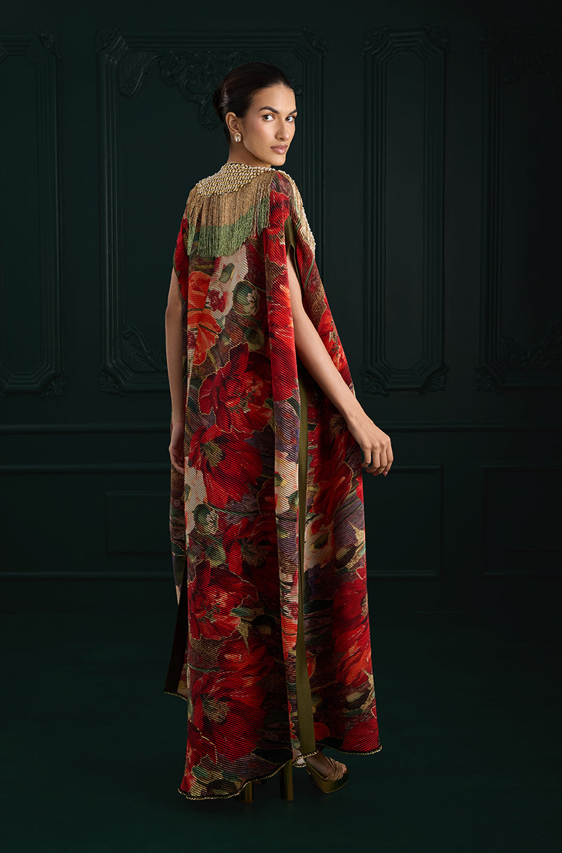 Red Pre-Pleated Printed Kaftan Kurta Set