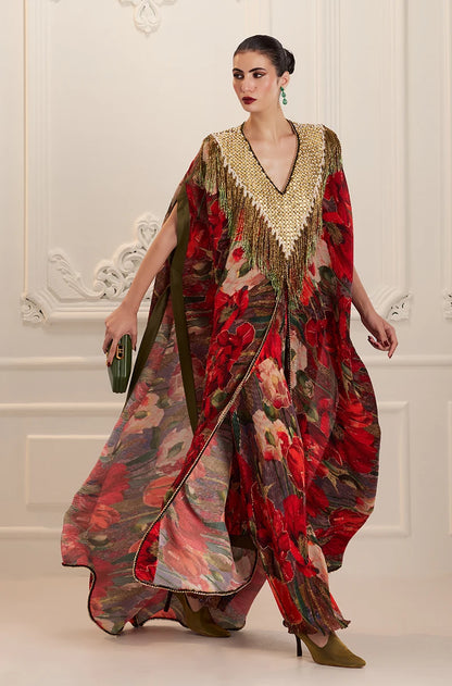 Red Pre-Pleated Printed Kaftan Kurta Set