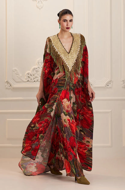 Red Pre-Pleated Printed Kaftan Kurta Set