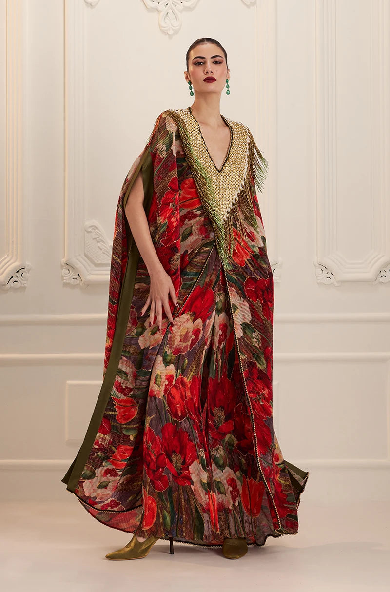 Red Pre-Pleated Printed Kaftan Kurta Set