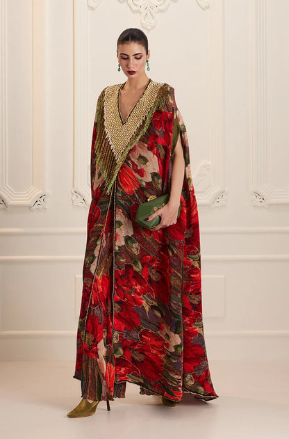 Red Pre-Pleated Printed Kaftan Kurta Set