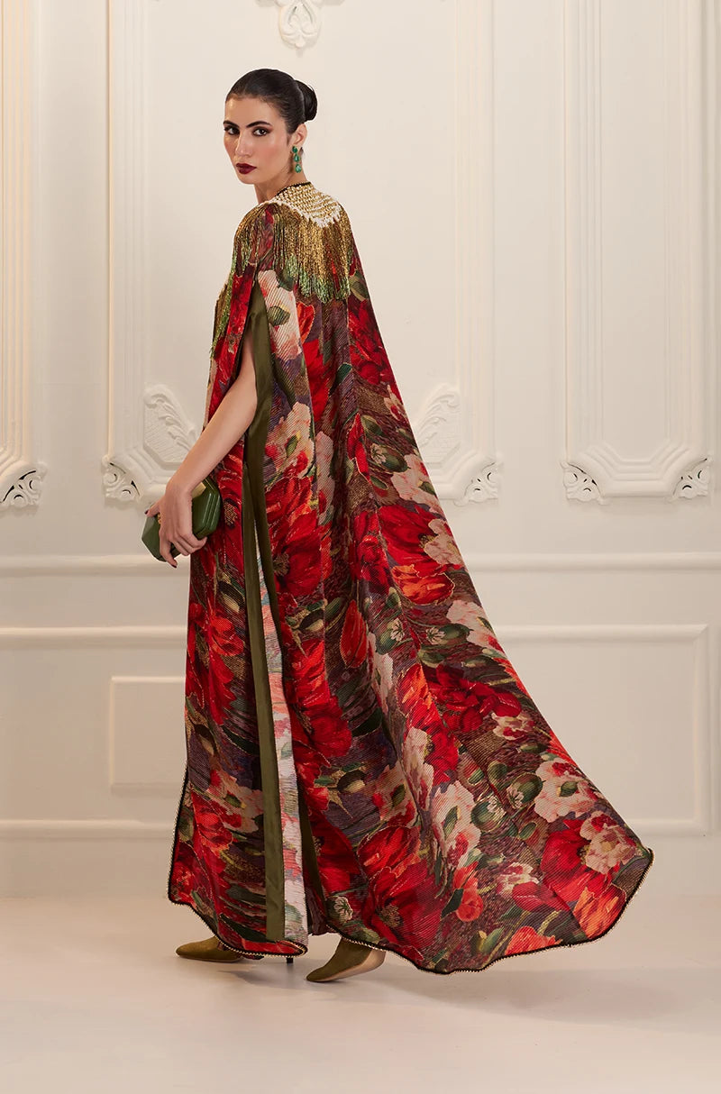Red Pre-Pleated Printed Kaftan Kurta Set