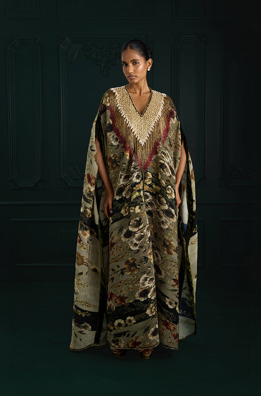 Green Pre-Pleated Printed Kaftan Kurta Set