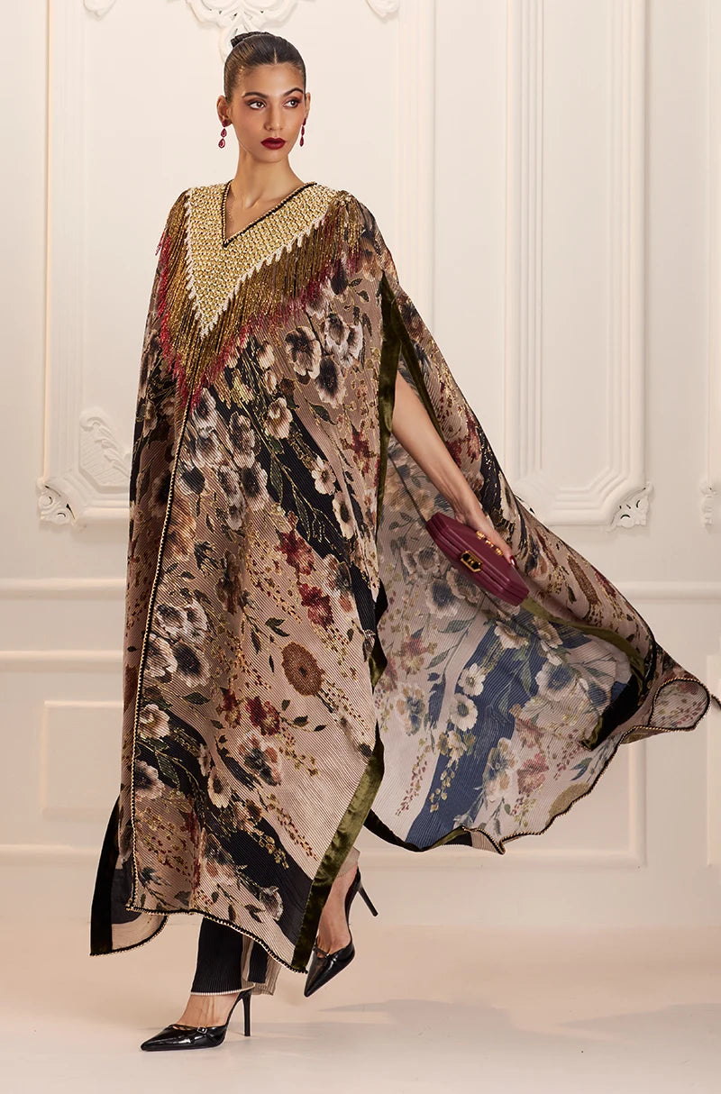 Green Pre-Pleated Printed Kaftan Kurta Set