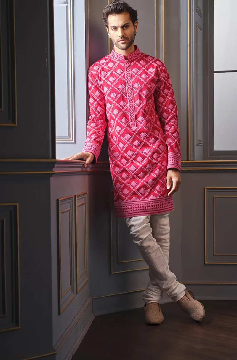 Red & Pink Dori Embroidered Kurta Set