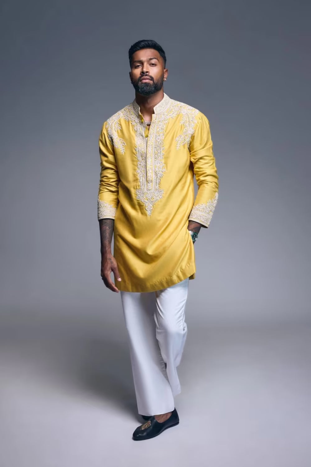 Hardik Pandya in Classic Yellow Kurta Set