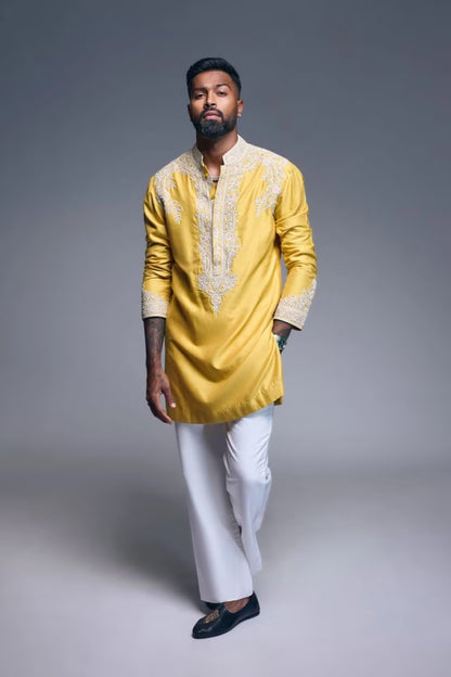 Hardik Pandya in Classic Yellow Kurta Set
