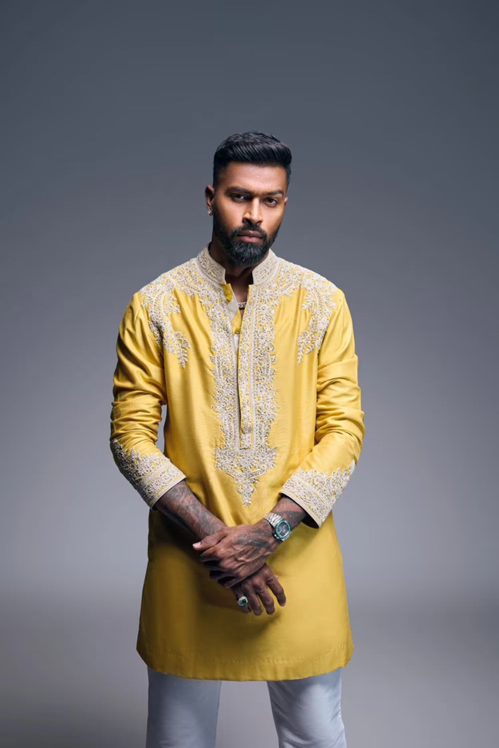 Hardik Pandya in Classic Yellow Kurta Set