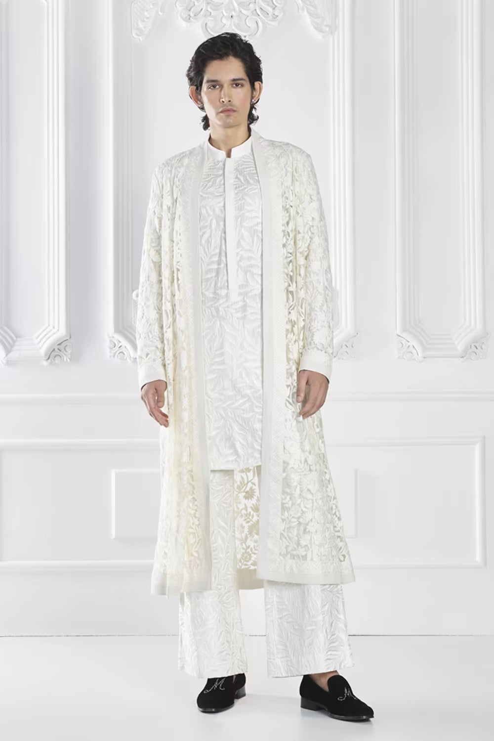 Ivory Embroidered Open Sherwani Set