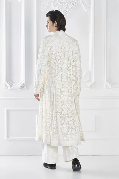 Ivory Embroidered Open Sherwani Set