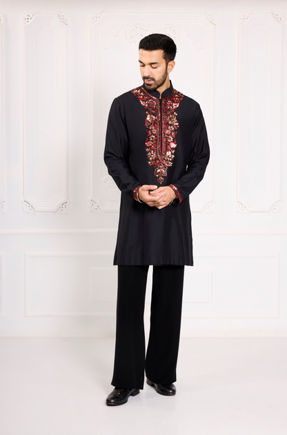 Black with Red Floral Badla Embroidered Kurta Set
