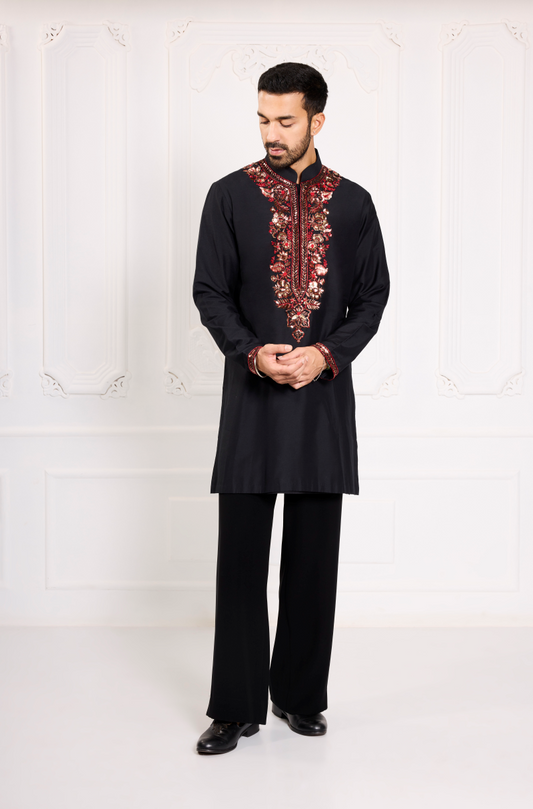Black with Red Floral Badla Embroidered Kurta Set