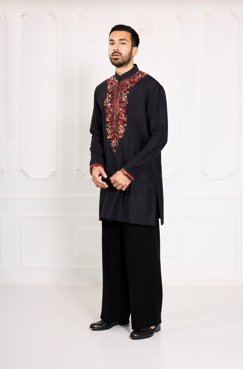 Black with Red Floral Badla Embroidered Kurta Set