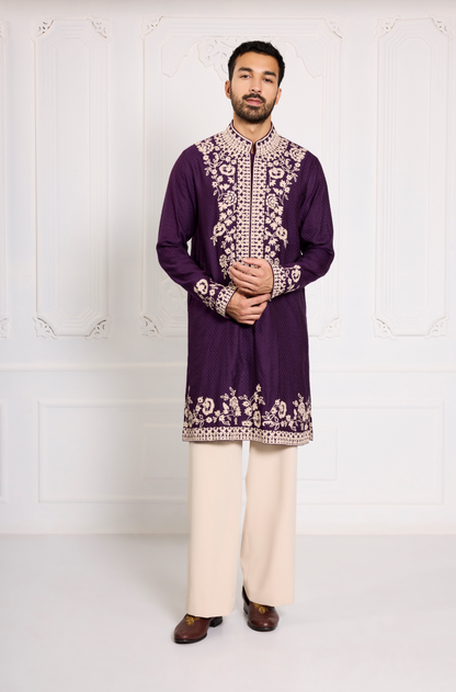 Purple Floral Dori Embroidered Kurta Set