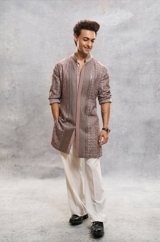 Aayush Sharma in our Dark Fawn Embroidered Short Kurta Set