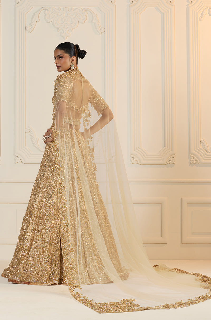 Beige Tulle With Gold Embroidery Lehenga Set