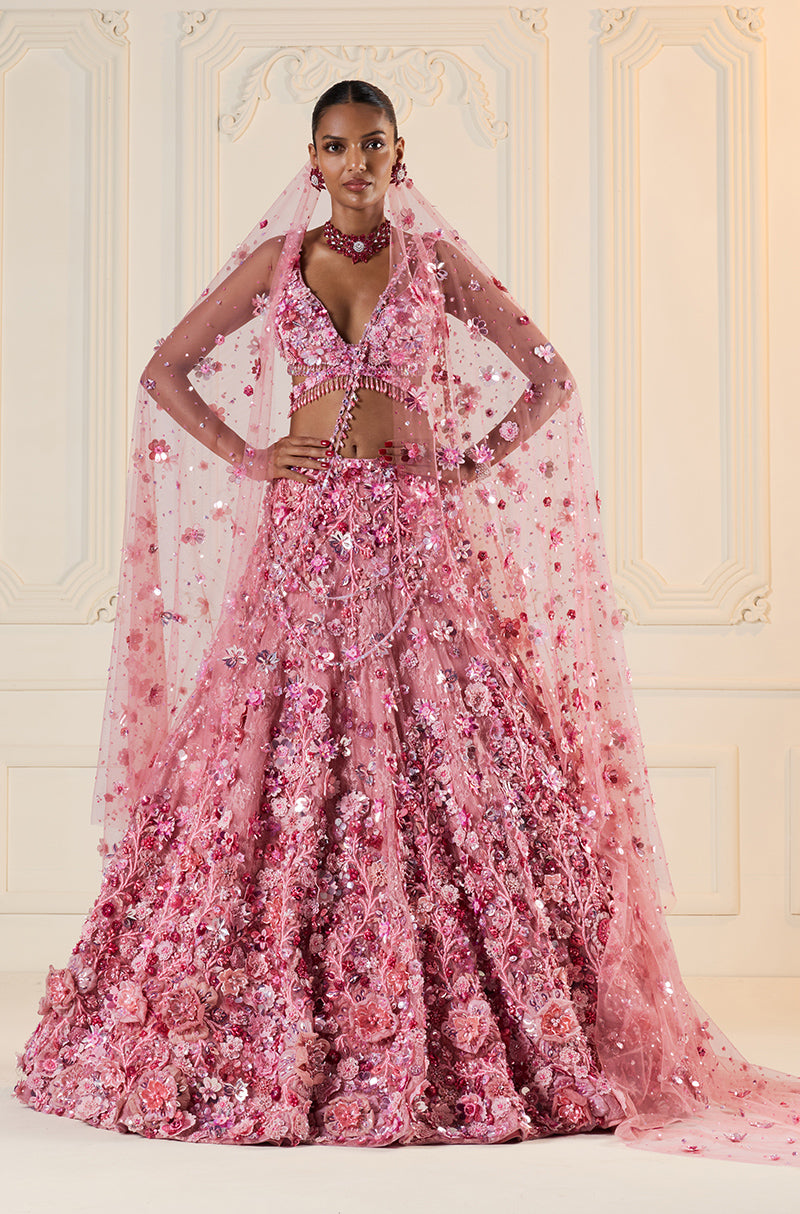 Light Pink Tulle 3D Floral Lehenga Set