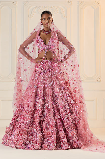 Light Pink Tulle 3D Floral Lehenga Set