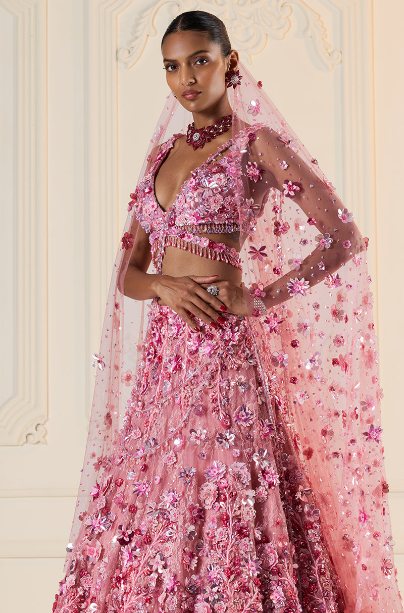 Light Pink Tulle 3D Floral Lehenga Set